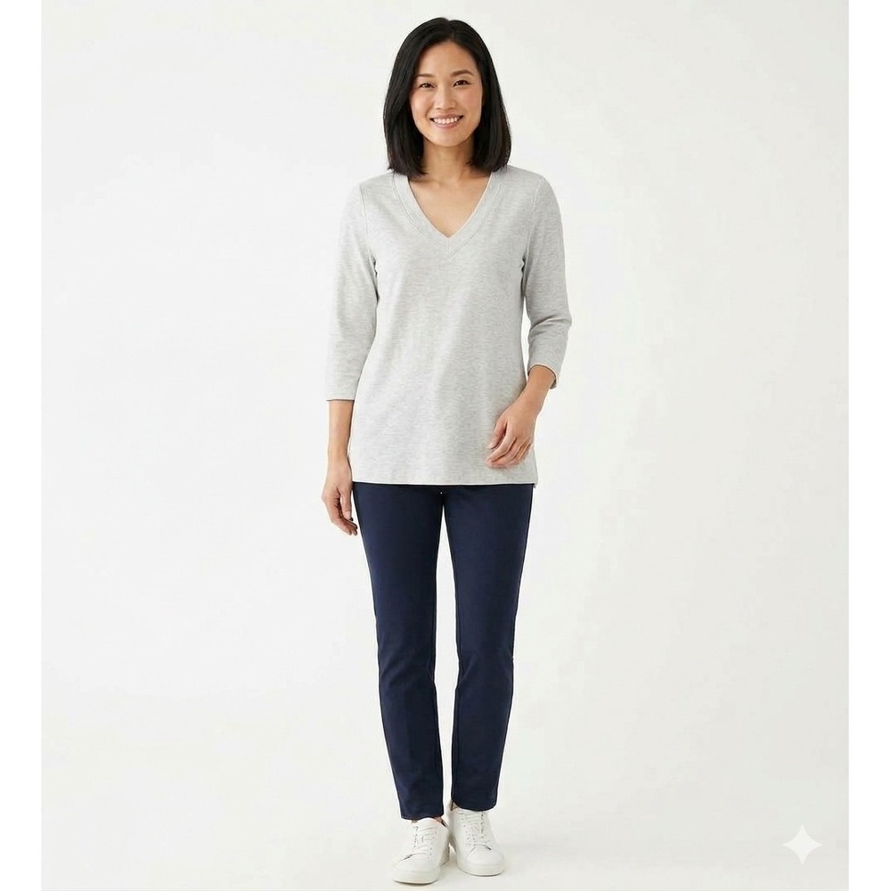 J. Jill Featherweight Sweatshirt Gray Pima Cotton V-Neck 3/4 Sleeve Top Size M
